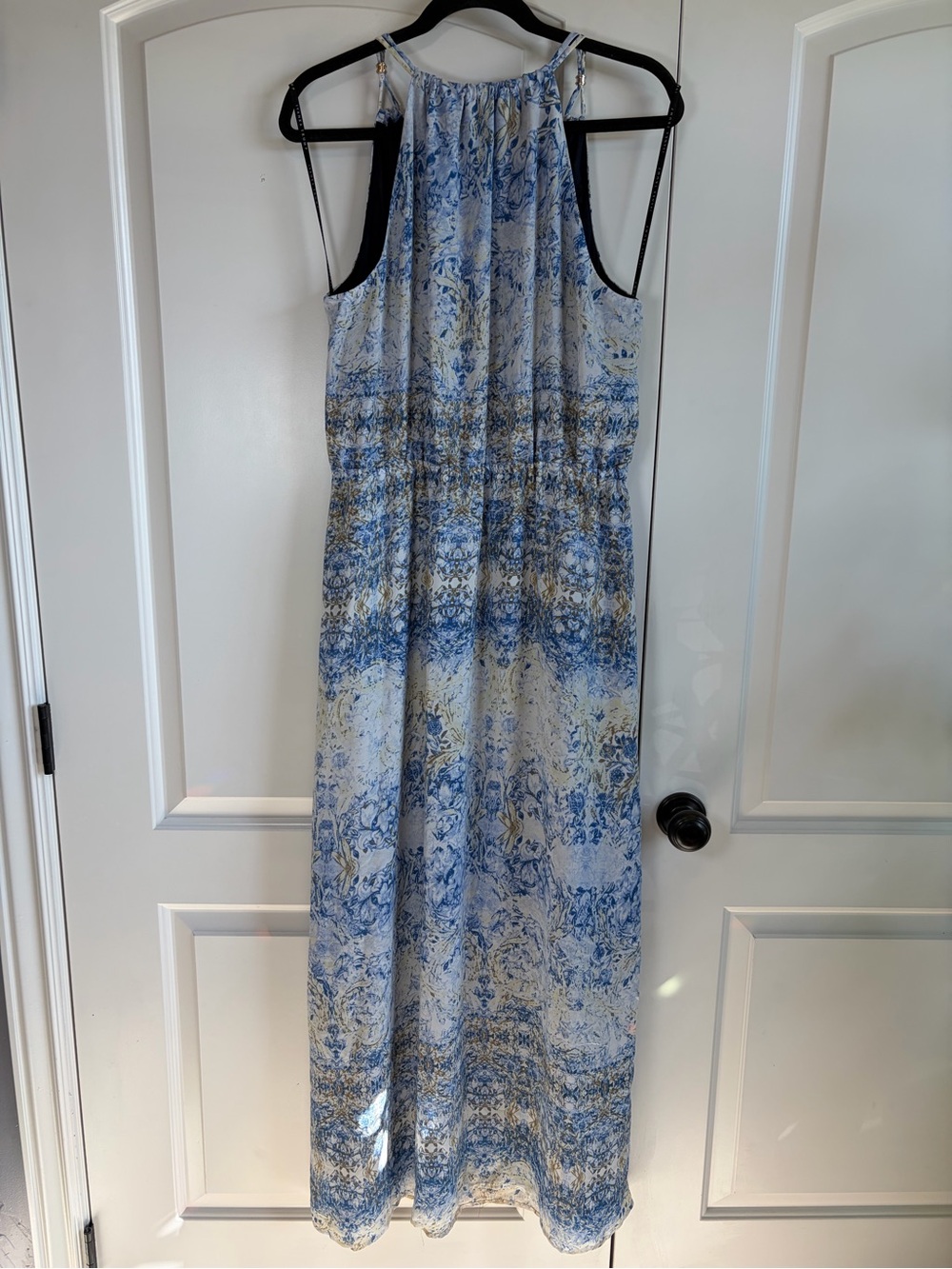 Ivanka Trump Blue Patterned Maxi Dress with Drawstring Waist Gold Accents - Picture 6 of 13